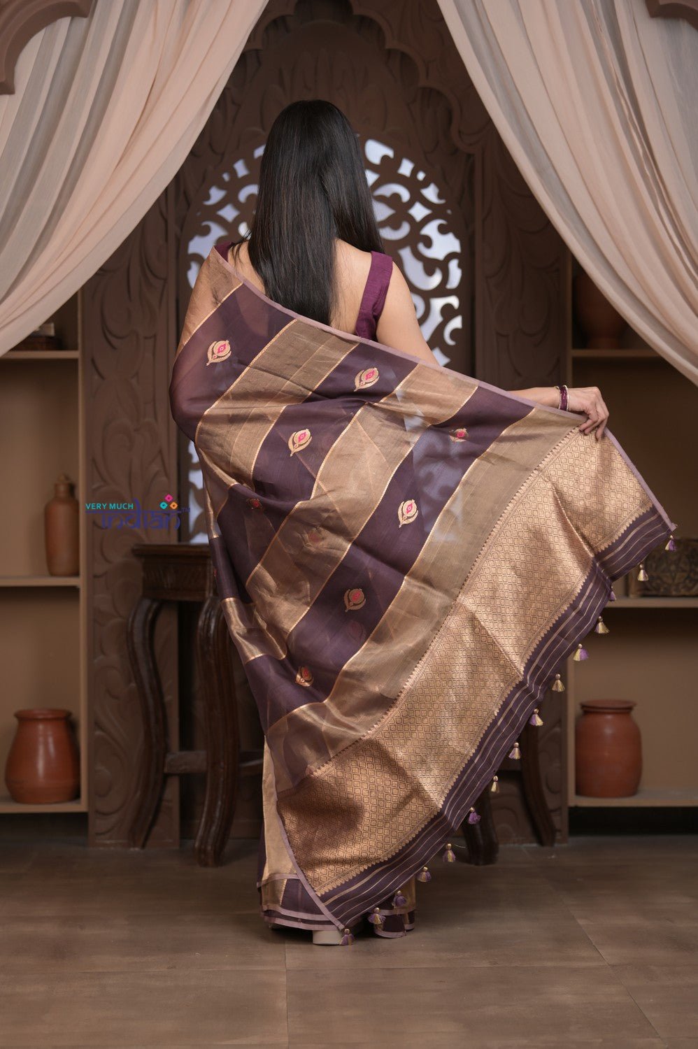 Kashi ~ Handloom Pure Tissue Silk Kora Saree in Brown Gold with PaIsley Buttis (Silk Mark Certified) - verymuchindian.com