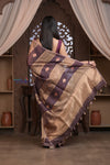 Kashi ~ Handloom Pure Tissue Silk Kora Saree in Brown Gold with PaIsley Buttis (Silk Mark Certified) - verymuchindian.com