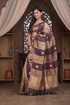 Kashi ~ Handloom Pure Tissue Silk Kora Saree in Brown Gold with PaIsley Buttis (Silk Mark Certified) - verymuchindian.com