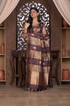 Kashi ~ Handloom Pure Tissue Silk Kora Saree in Brown Gold with PaIsley Buttis (Silk Mark Certified) - verymuchindian.com