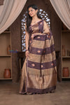 Kashi ~ Handloom Pure Tissue Silk Kora Saree in Brown Gold with PaIsley Buttis (Silk Mark Certified) - verymuchindian.com