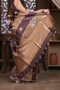 Kashi ~ Handloom Pure Tissue Silk Kora Saree in Brown Gold with PaIsley Buttis (Silk Mark Certified) - verymuchindian.com