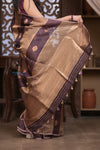 Kashi ~ Handloom Pure Tissue Silk Kora Saree in Brown Gold with PaIsley Buttis (Silk Mark Certified) - verymuchindian.com