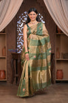 Kashi ~ Handloom Pure Tissue Silk Kora Saree in Green Gold with PaIsley Buttis (Silk Mark Certified) - verymuchindian.com