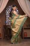 Kashi ~ Handloom Pure Tissue Silk Kora Saree in Green Gold with PaIsley Buttis (Silk Mark Certified) - verymuchindian.com