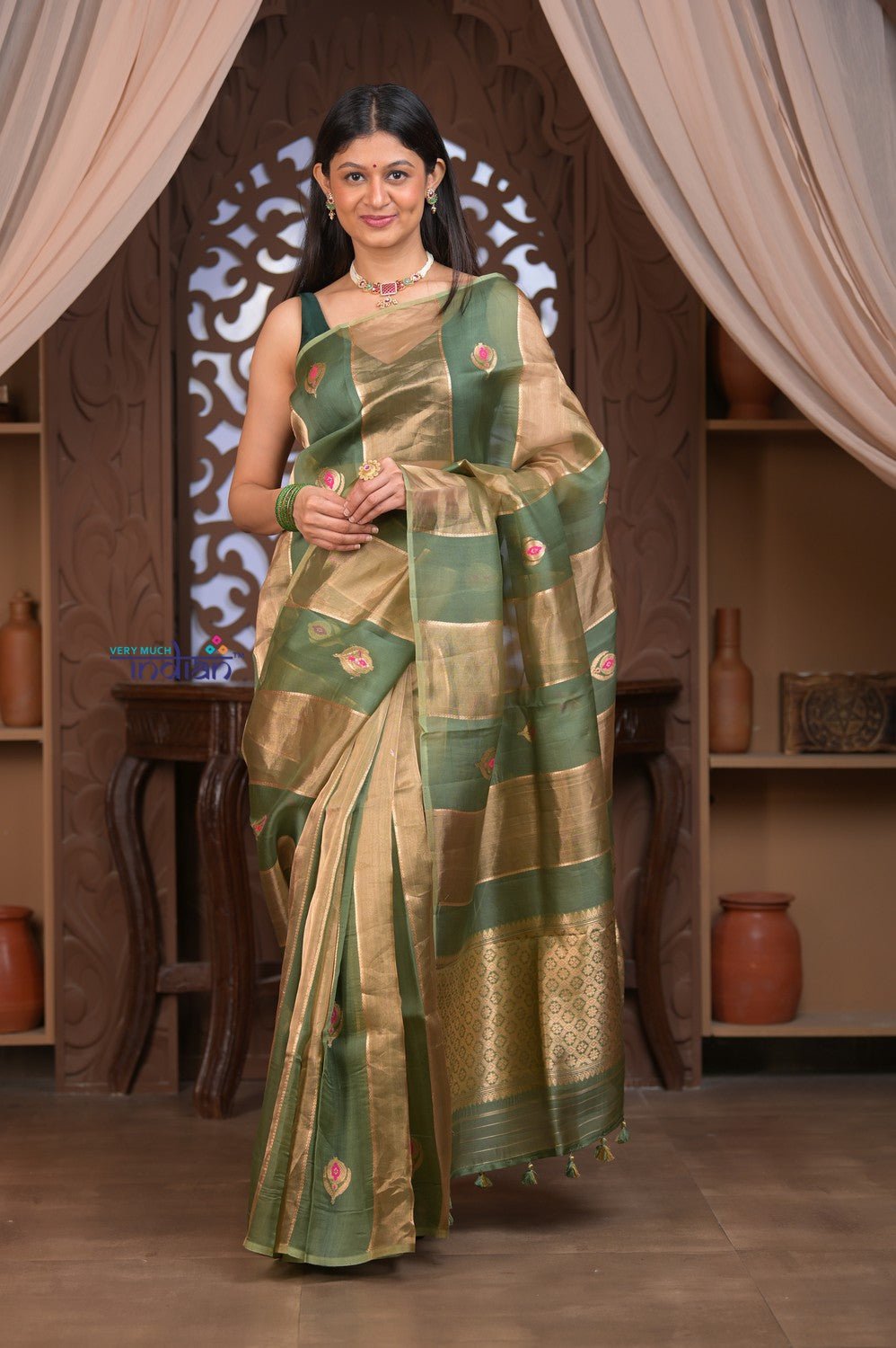 Kashi ~ Handloom Pure Tissue Silk Kora Saree in Green Gold with PaIsley Buttis (Silk Mark Certified) - verymuchindian.com
