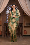 Kashi ~ Handloom Pure Tissue Silk Kora Saree in Green Gold with PaIsley Buttis (Silk Mark Certified) - verymuchindian.com