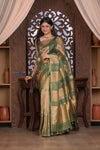 Kashi ~ Handloom Pure Tissue Silk Kora Saree in Green Gold with PaIsley Buttis (Silk Mark Certified) - verymuchindian.com