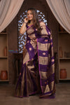 Kashi ~ Handloom Pure Tissue Silk Kora Saree in Purple Gold with PaIsley Buttis (Silk Mark Certified) - verymuchindian.com