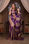 Kashi ~ Handloom Pure Tissue Silk Kora Saree in Purple Gold with PaIsley Buttis (Silk Mark Certified) - verymuchindian.com