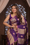 Kashi ~ Handloom Pure Tissue Silk Kora Saree in Purple Gold with PaIsley Buttis (Silk Mark Certified) - verymuchindian.com