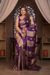 Kashi ~ Handloom Pure Tissue Silk Kora Saree in Purple Gold with PaIsley Buttis (Silk Mark Certified) - verymuchindian.com