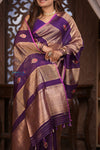 Kashi ~ Handloom Pure Tissue Silk Kora Saree in Purple Gold with PaIsley Buttis (Silk Mark Certified) - verymuchindian.com
