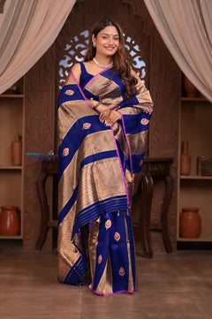 Kashi ~ Handloom Pure Tissue Silk Kora Saree in Royal Blue Gold with PaIsley Buttis (Silk Mark Certified) - verymuchindian.com