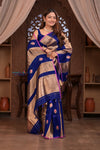 Kashi ~ Handloom Pure Tissue Silk Kora Saree in Royal Blue Gold with PaIsley Buttis (Silk Mark Certified) - verymuchindian.com