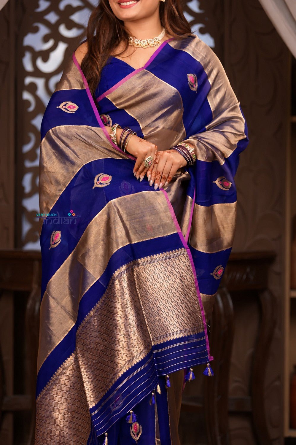 Kashi ~ Handloom Pure Tissue Silk Kora Saree in Royal Blue Gold with PaIsley Buttis (Silk Mark Certified) - verymuchindian.com