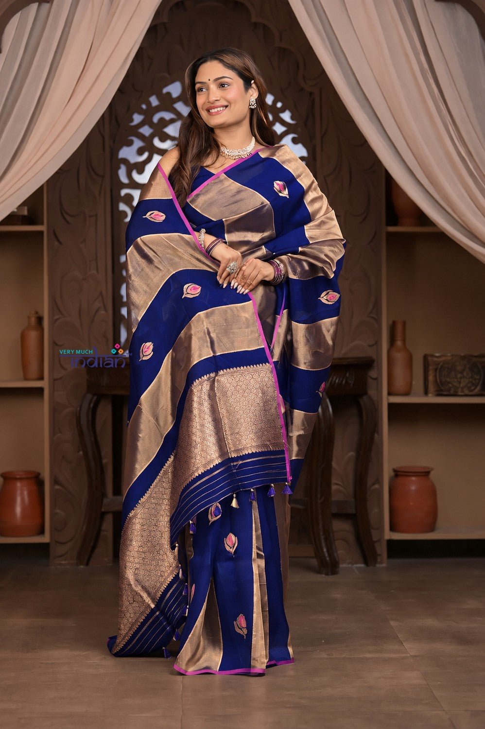 Kashi ~ Handloom Pure Tissue Silk Kora Saree in Royal Blue Gold with PaIsley Buttis (Silk Mark Certified) - verymuchindian.com