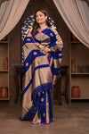 Kashi ~ Handloom Pure Tissue Silk Kora Saree in Royal Blue Gold with PaIsley Buttis (Silk Mark Certified) - verymuchindian.com
