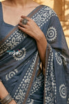 Krutikari – Viscose Saree with Handcrafted Batik Work in Blue Grey - verymuchindian.com
