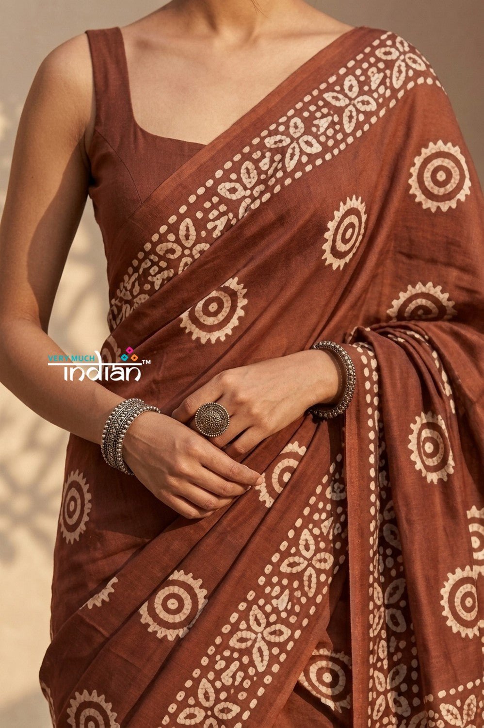 Krutikari – Viscose Saree with Handcrafted Batik Work in Brown - verymuchindian.com