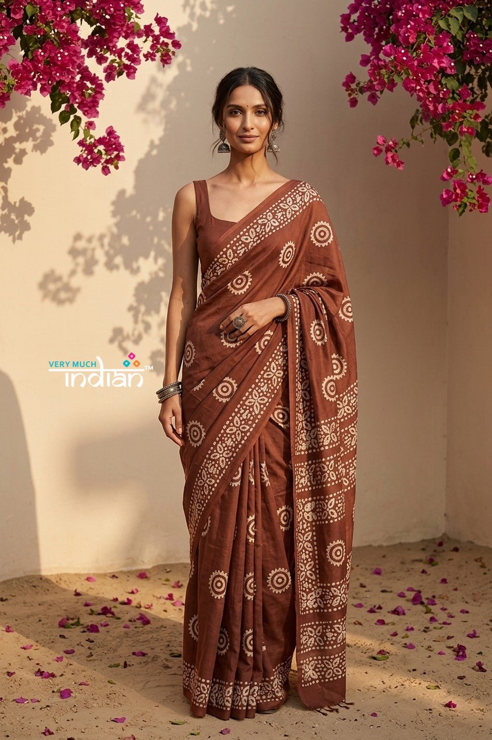Krutikari – Viscose Saree with Handcrafted Batik Work in Brown - verymuchindian.com