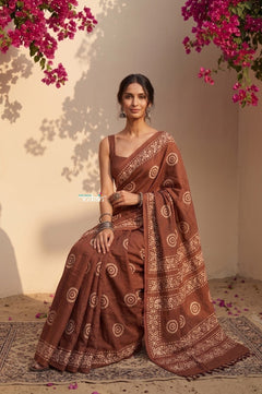 Krutikari – Viscose Saree with Handcrafted Batik Work in Brown - verymuchindian.com