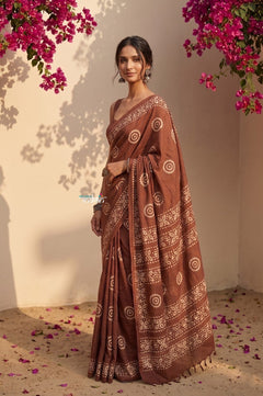 Krutikari – Viscose Saree with Handcrafted Batik Work in Brown - verymuchindian.com