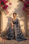 Krutikari ~ Viscose Saree with Handcrafted Batik Work in Grey - verymuchindian.com