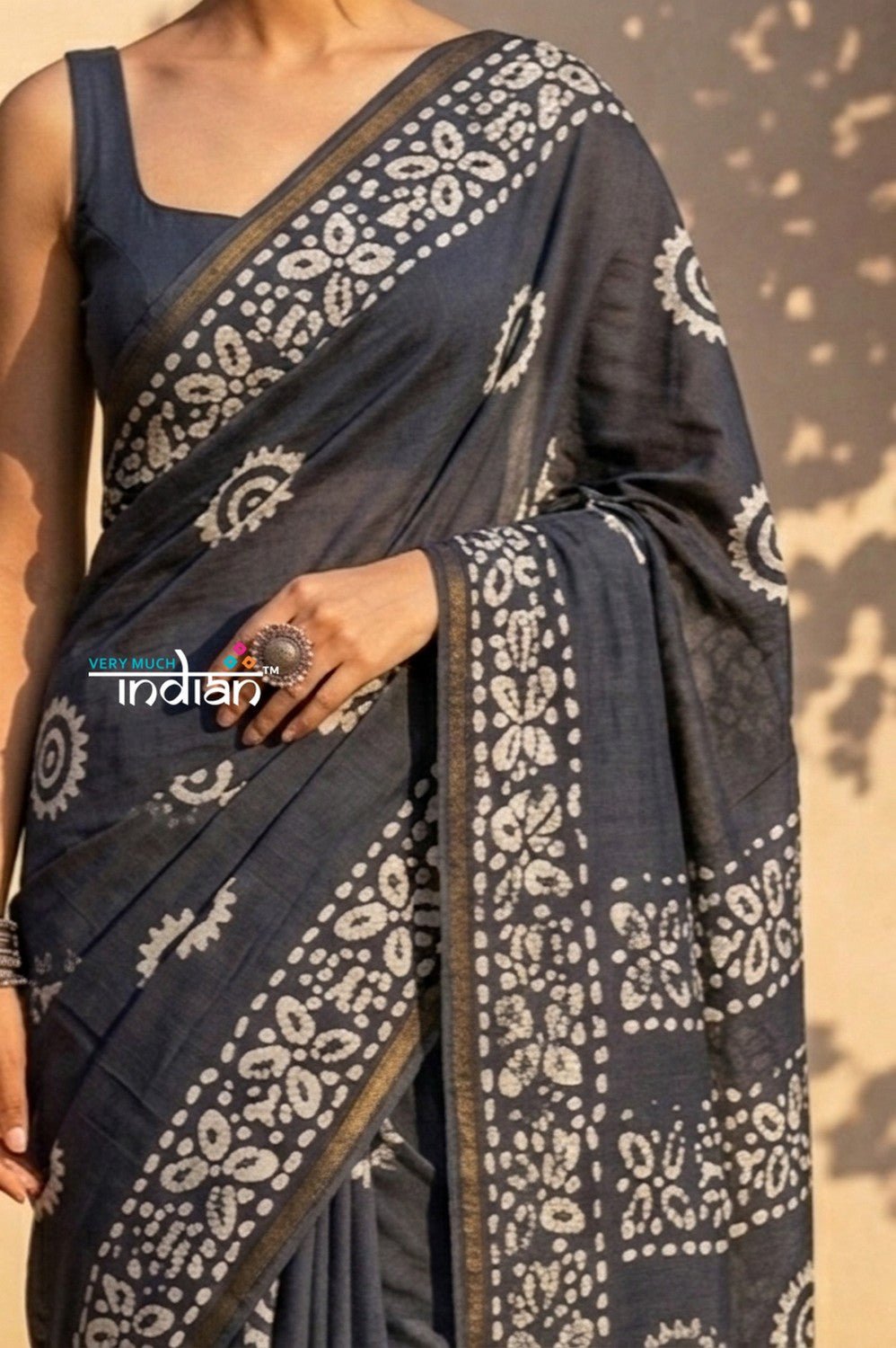 Krutikari ~ Viscose Saree with Handcrafted Batik Work in Grey - verymuchindian.com