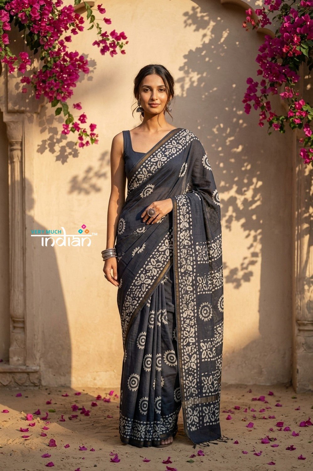 Krutikari ~ Viscose Saree with Handcrafted Batik Work in Grey - verymuchindian.com