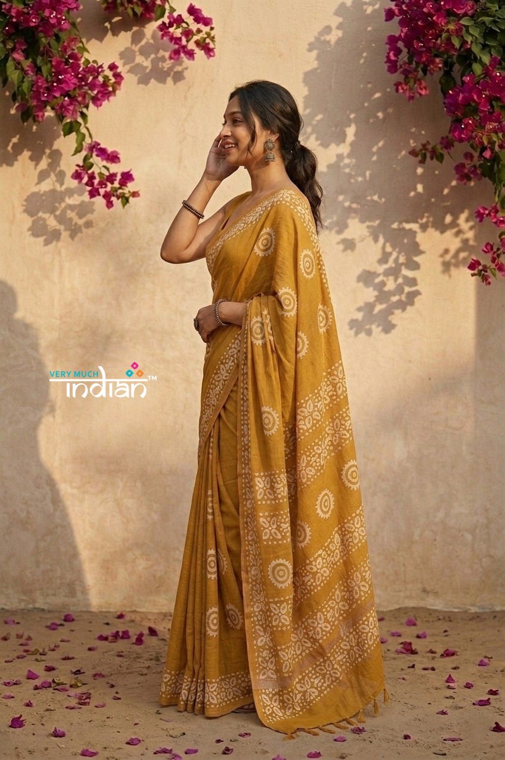 Krutikari ~ Viscose Saree with Handcrafted Batik Work in Marigold Yellow - verymuchindian.com