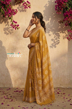 Krutikari ~ Viscose Saree with Handcrafted Batik Work in Marigold Yellow - verymuchindian.com