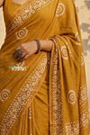Krutikari ~ Viscose Saree with Handcrafted Batik Work in Marigold Yellow - verymuchindian.com