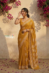 Krutikari ~ Viscose Saree with Handcrafted Batik Work in Marigold Yellow - verymuchindian.com