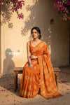 Krutikari – Viscose Saree with Handcrafted Batik Work in Sapphire Orange - verymuchindian.com