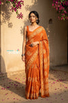 Krutikari – Viscose Saree with Handcrafted Batik Work in Sapphire Orange - verymuchindian.com