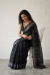 Latika ~ Pure Handwoven Jamdani Mul Cotton Saree Black - verymuchindian.com
