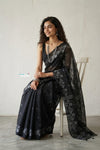 Latika ~ Pure Handwoven Jamdani Mul Cotton Saree Black - verymuchindian.com