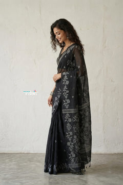 Latika ~ Pure Handwoven Jamdani Mul Cotton Saree Black - verymuchindian.com