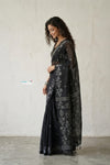Latika ~ Pure Handwoven Jamdani Mul Cotton Saree Black - verymuchindian.com