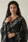 Latika ~ Pure Handwoven Jamdani Mul Cotton Saree Black - verymuchindian.com