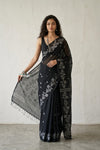 Latika ~ Pure Handwoven Jamdani Mul Cotton Saree Black - verymuchindian.com