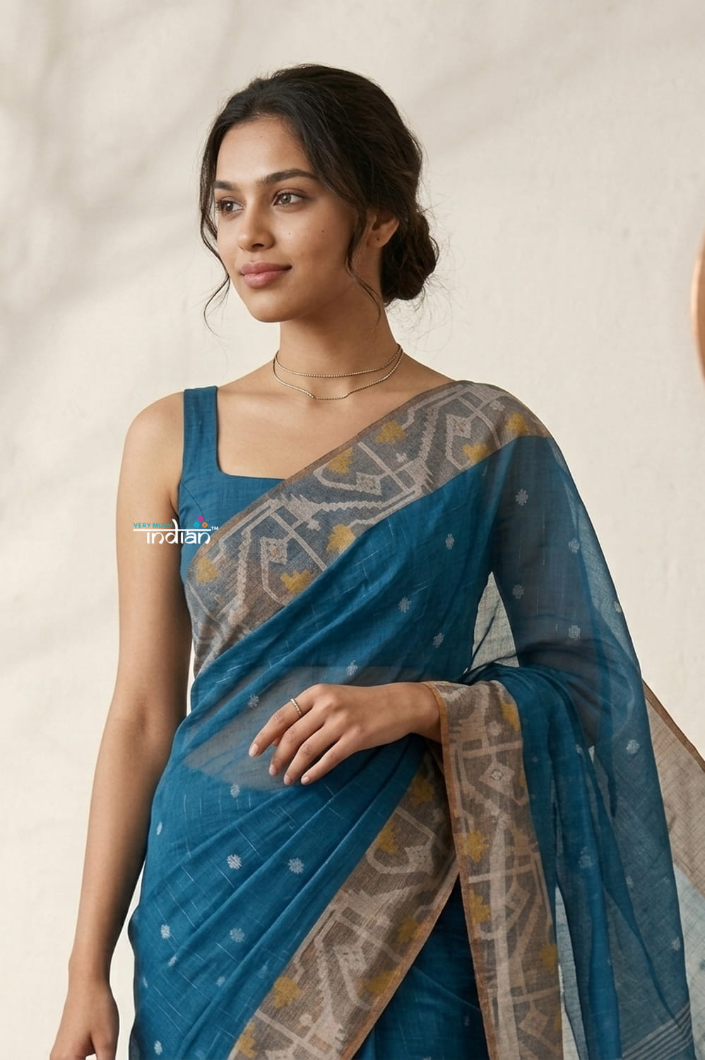 Latika ~ Pure Handwoven Jamdani Mul Cotton Saree in Azure Blue With Tissue Border - verymuchindian.com