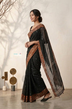 Latika ~ Pure Handwoven Jamdani Mul Cotton Saree in Black With Tissue Border - verymuchindian.com