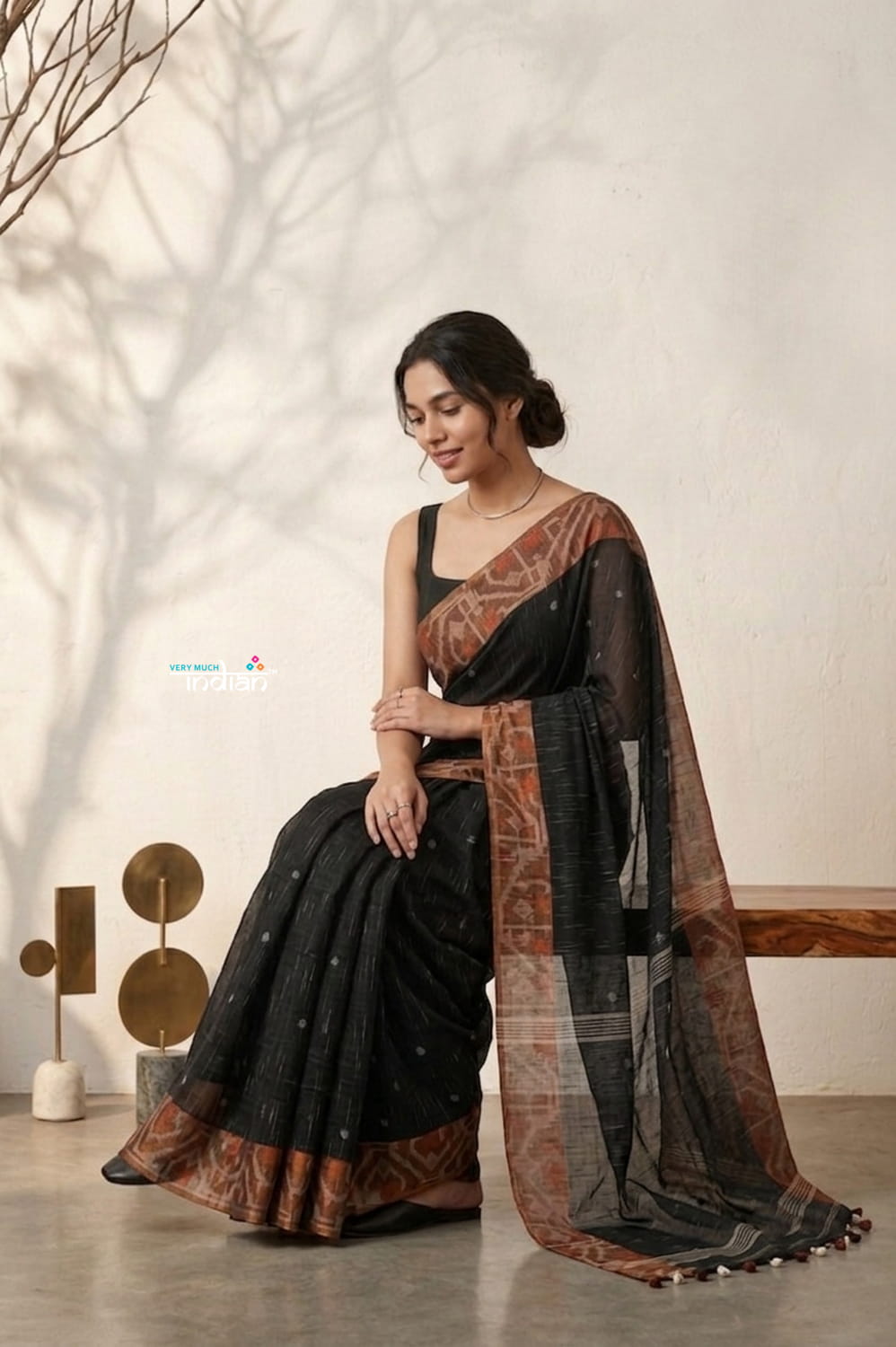 Latika ~ Pure Handwoven Jamdani Mul Cotton Saree in Black With Tissue Border - verymuchindian.com