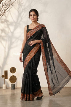 Latika ~ Pure Handwoven Jamdani Mul Cotton Saree in Black With Tissue Border - verymuchindian.com