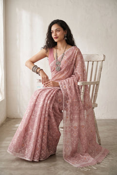 Latika ~ Pure Handwoven Jamdani Mul Cotton Saree in Dusty Rose - verymuchindian.com