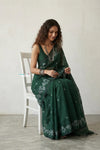 Latika ~ Pure Handwoven Jamdani Mul Cotton Saree in Green - verymuchindian.com