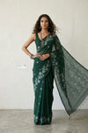 Latika ~ Pure Handwoven Jamdani Mul Cotton Saree in Green - verymuchindian.com