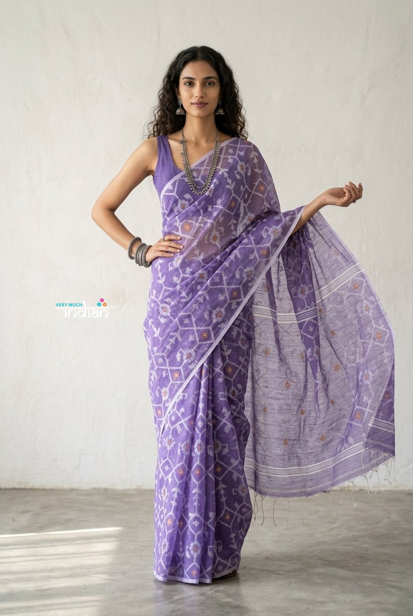 Latika ~ Pure Handwoven Jamdani Mul Cotton Saree in Lavender - verymuchindian.com